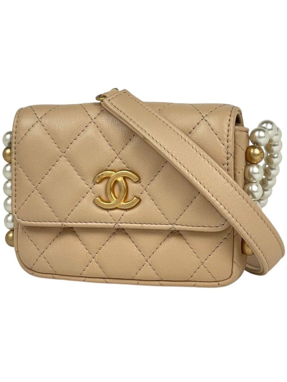 Chanel Shoulder Bag Quilted CC Logo Leather Beige